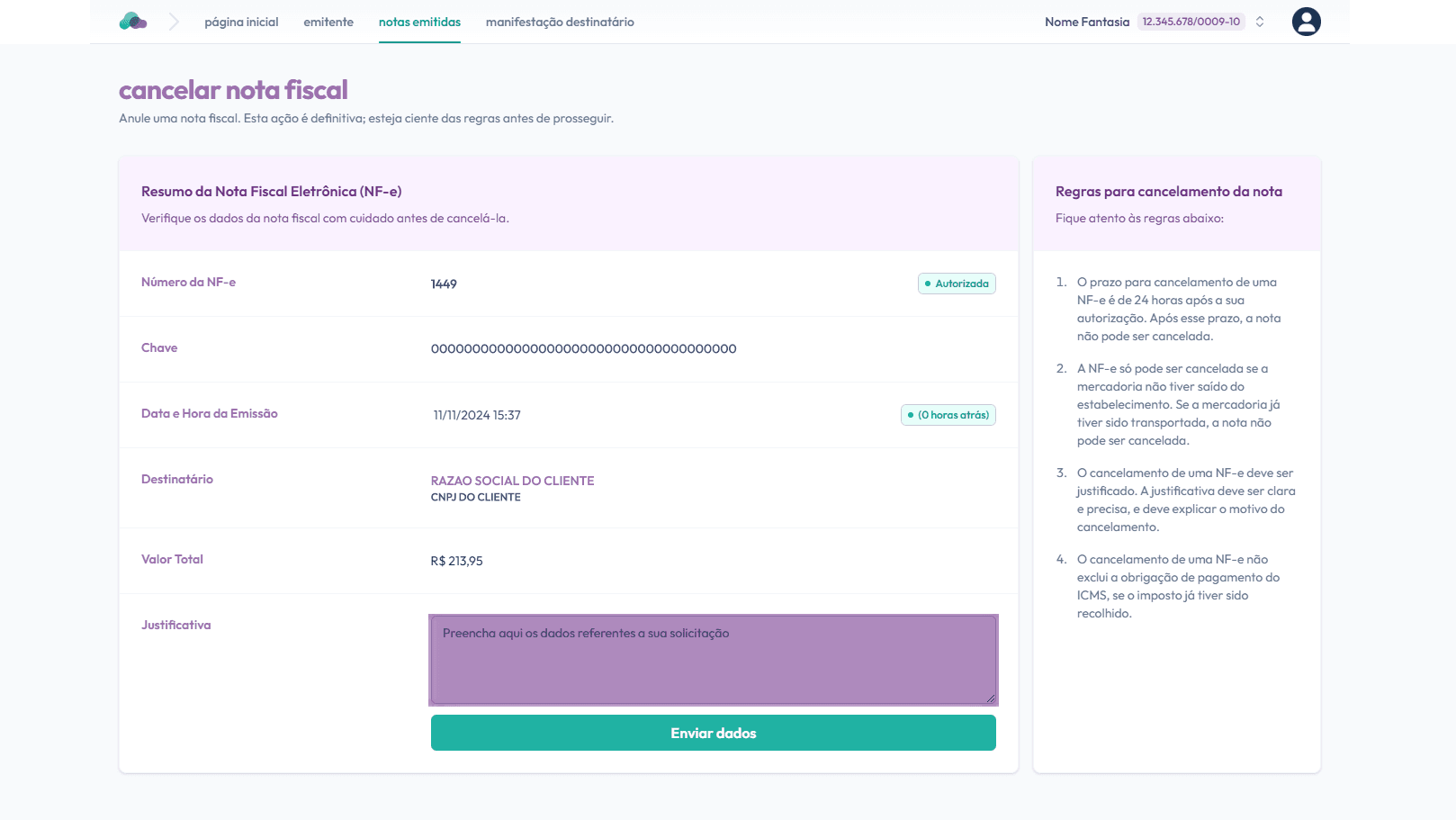 Preencha o campo com a justificativa.