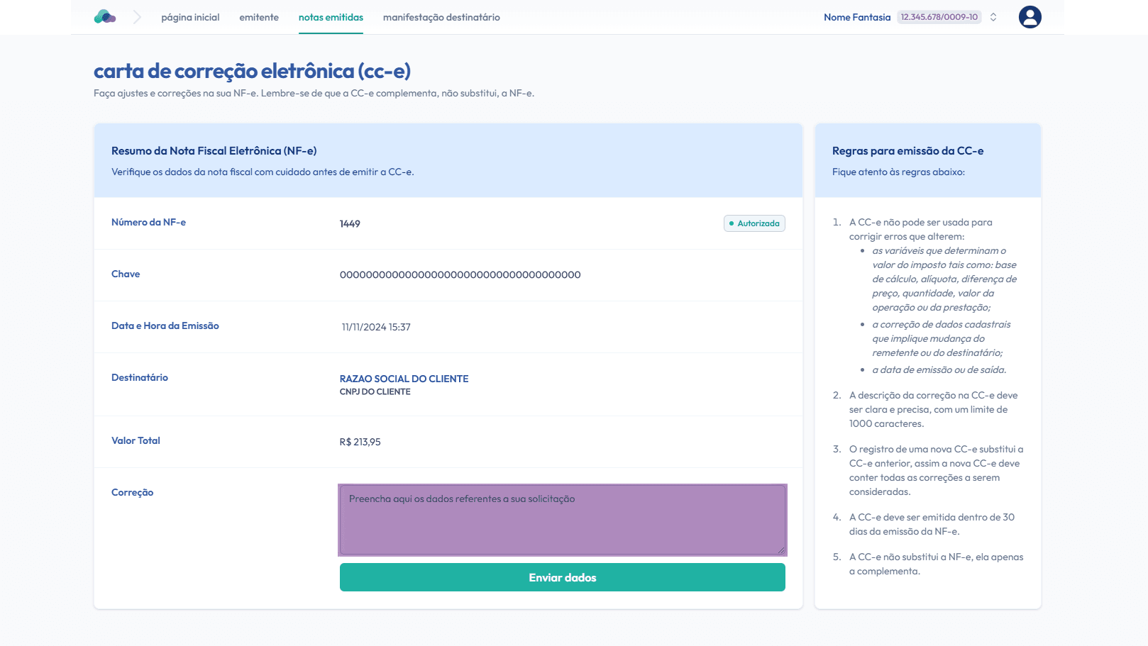 Preencha o campo com as correções.