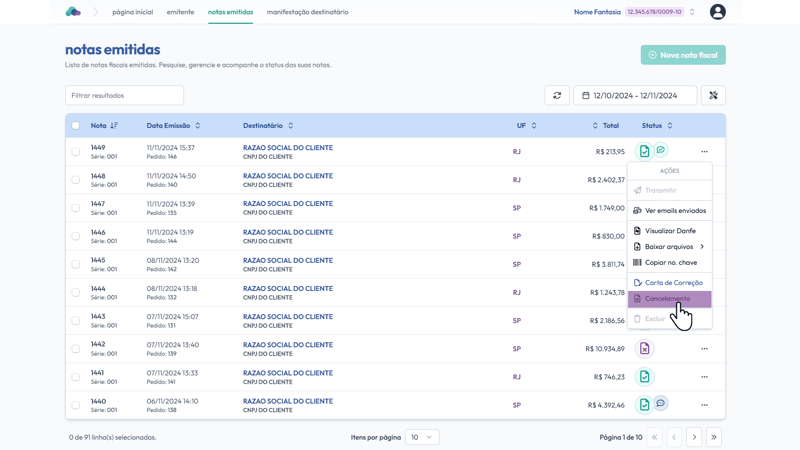 Clique em: Cancelamento.