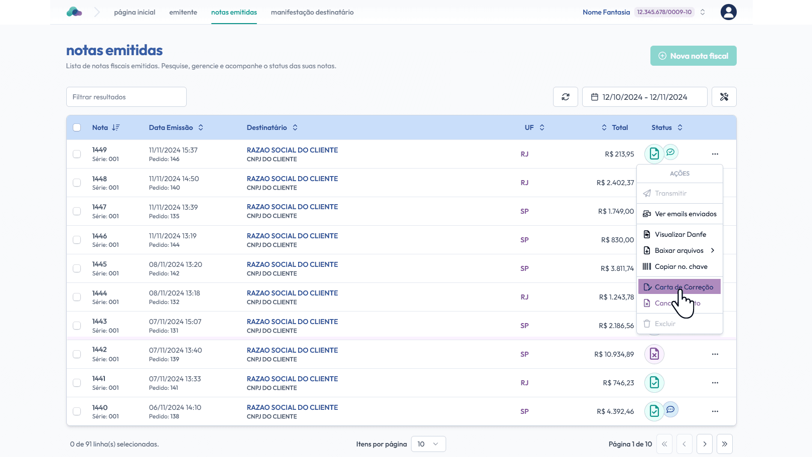 Clique em: Carta de correção.