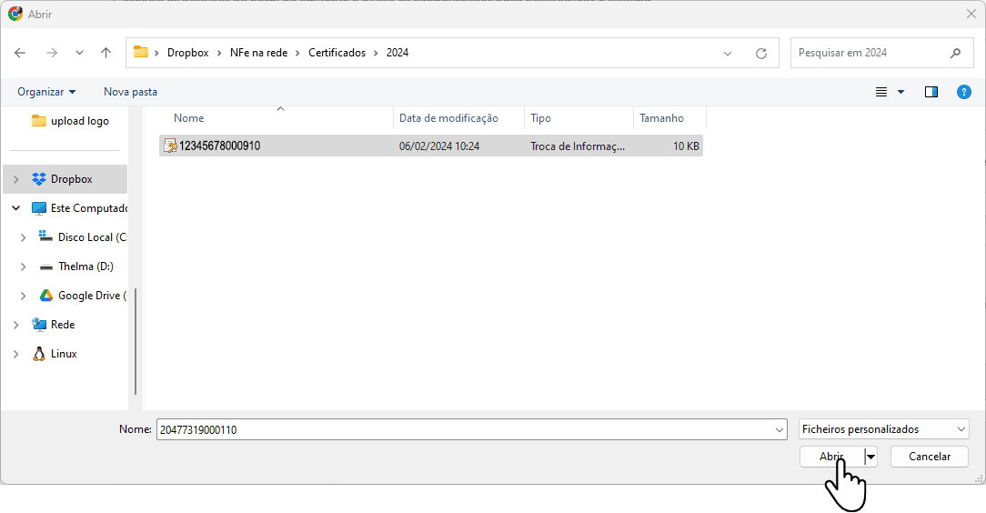 Selecione o arquivo do certificado