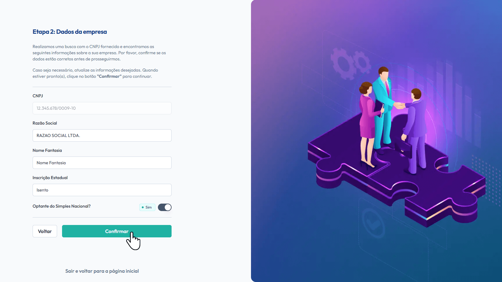 Verifique os dados da empresa.