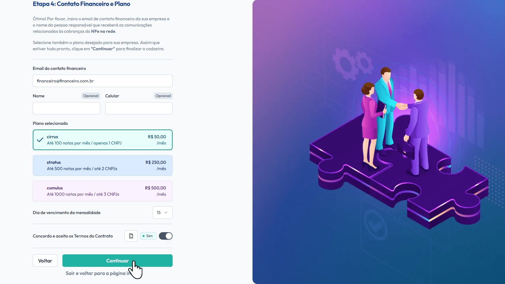 Preencha os dados e aceite o contrato