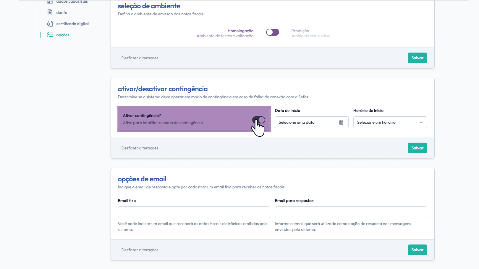 Ative a contingência