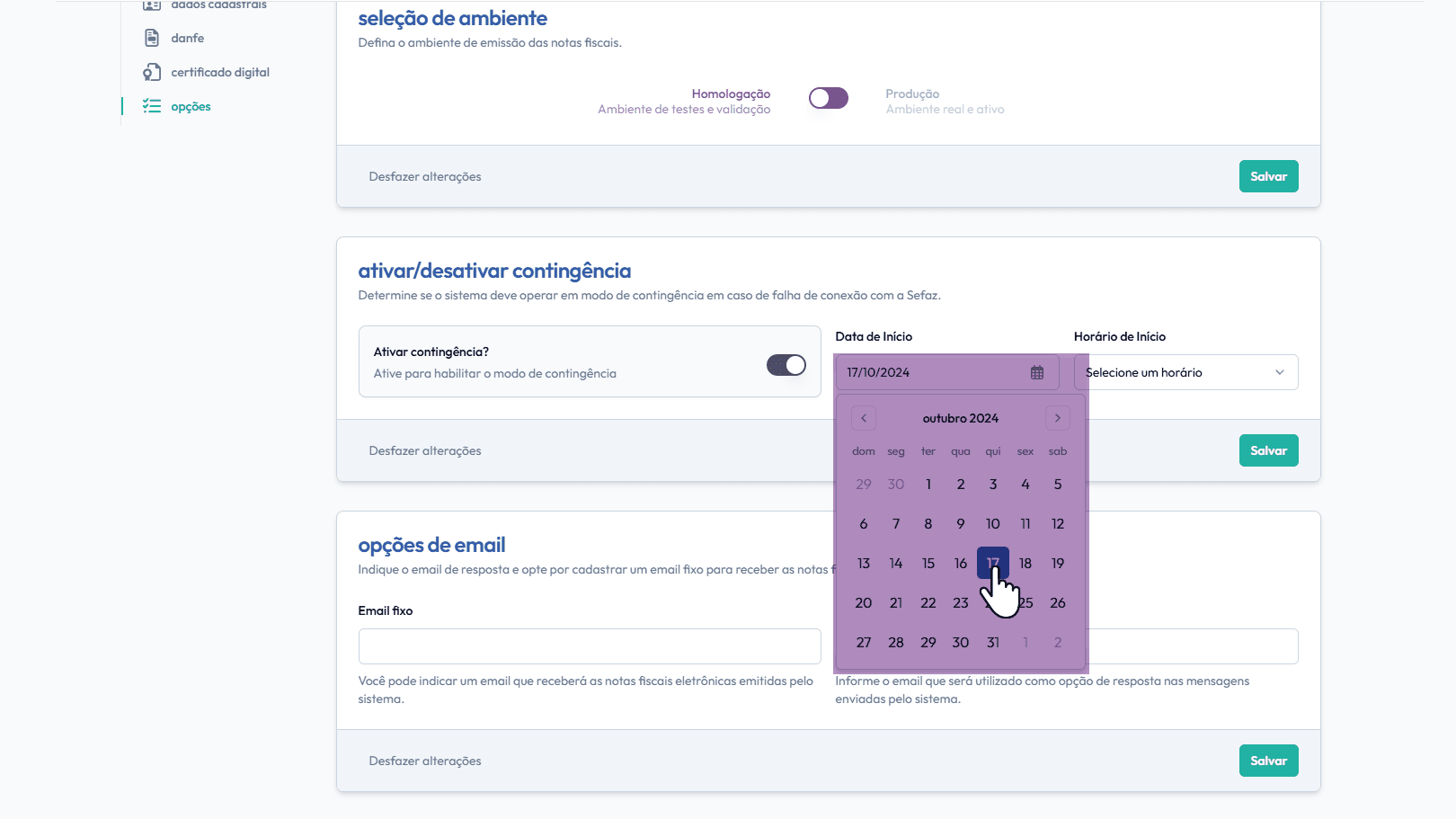 Selecione a data de início da contingência