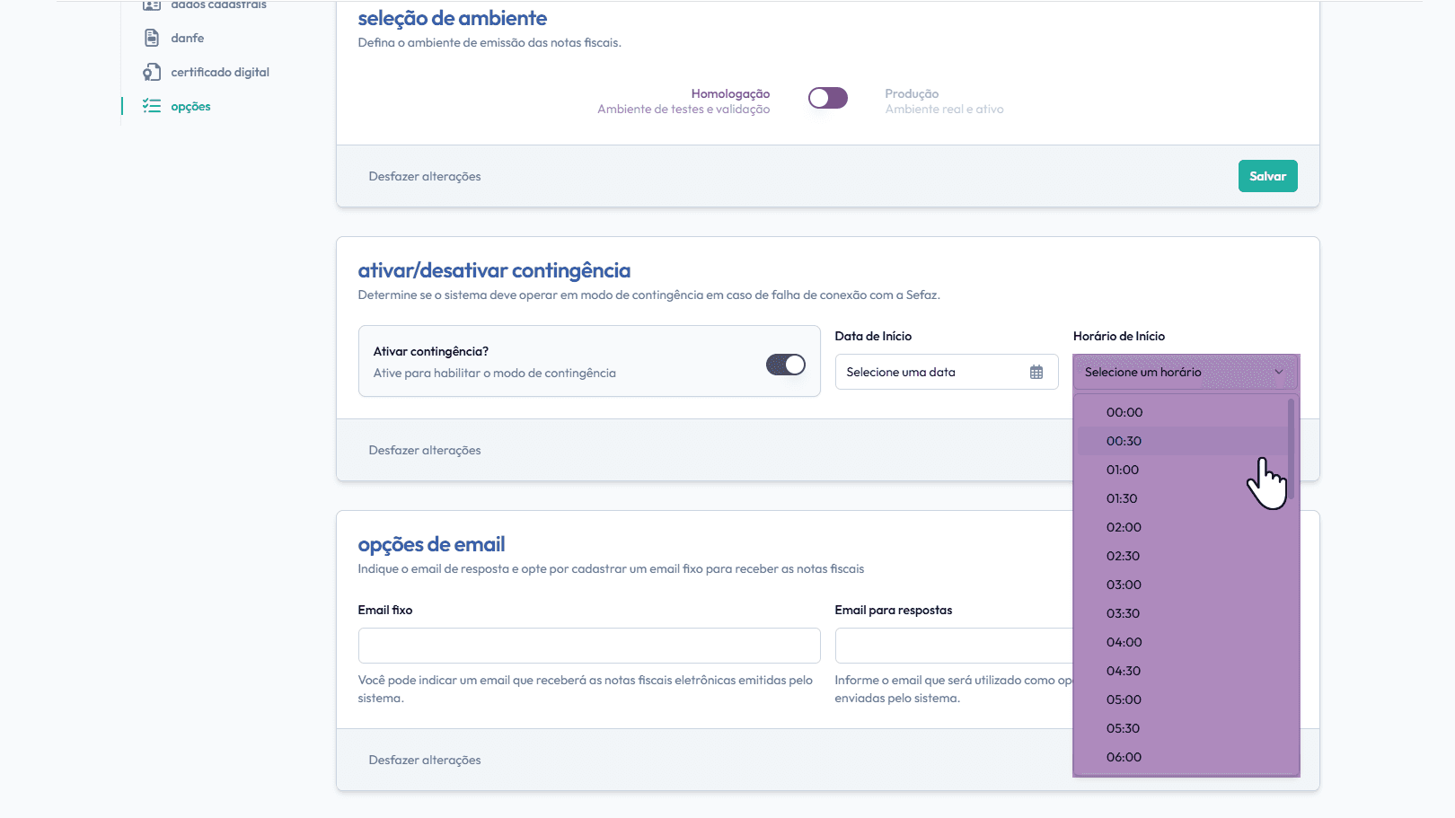 Selecione o horário de início da contingência