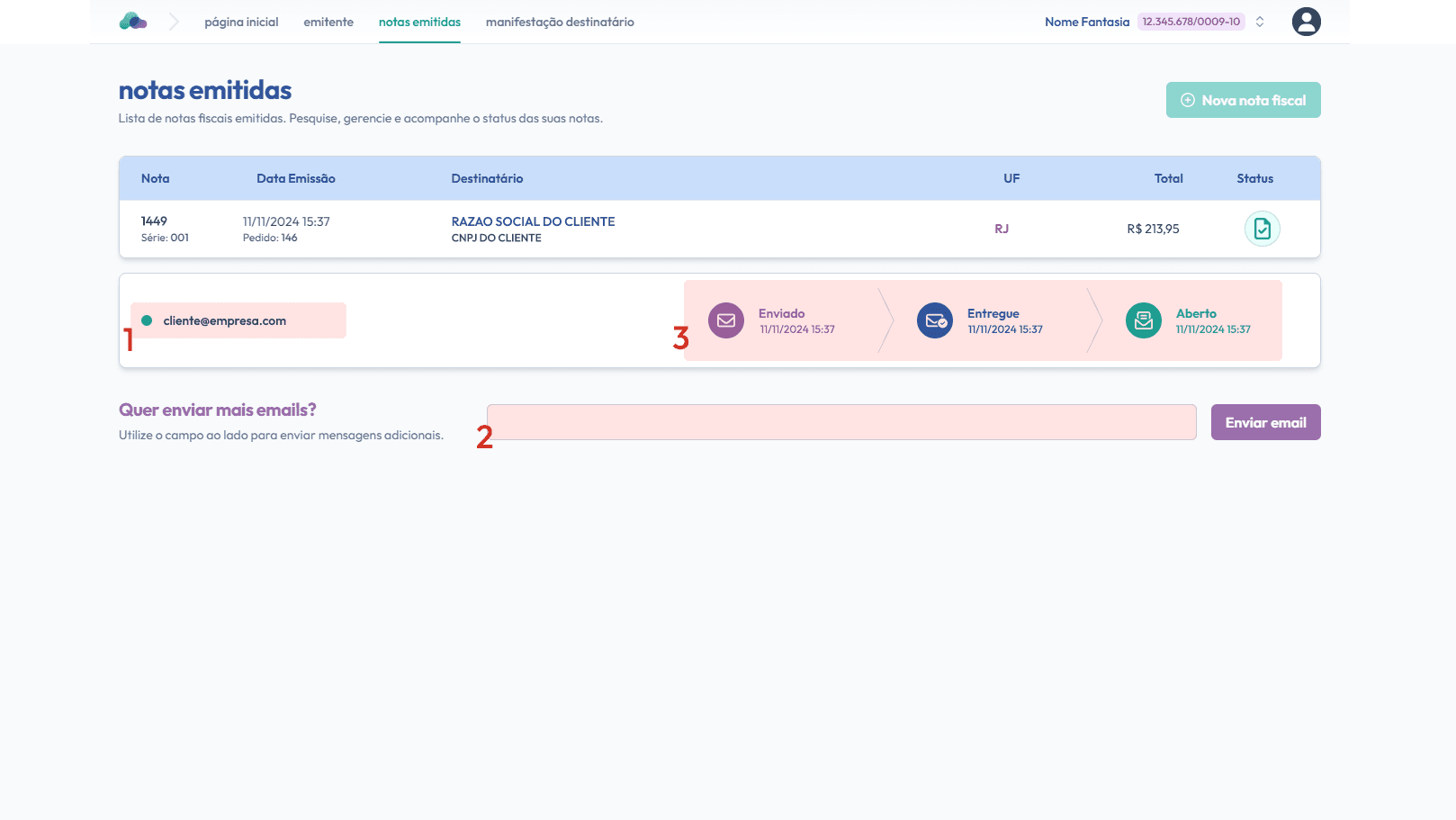 Tela de emails enviados
