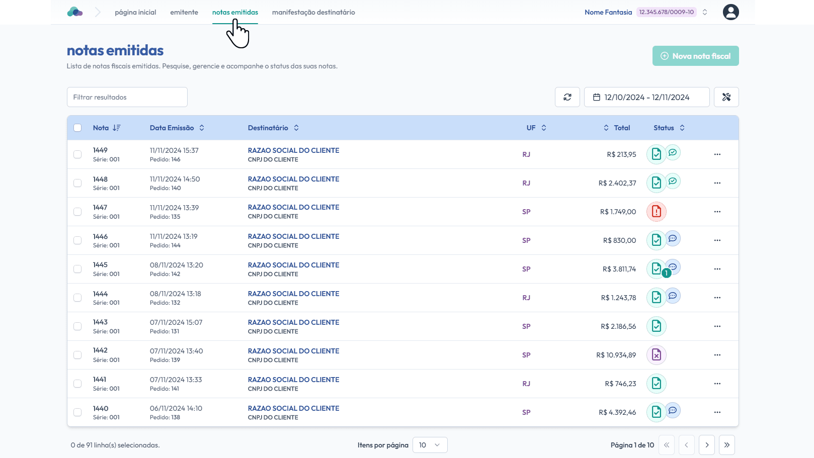 Clique em: notas emitidas.