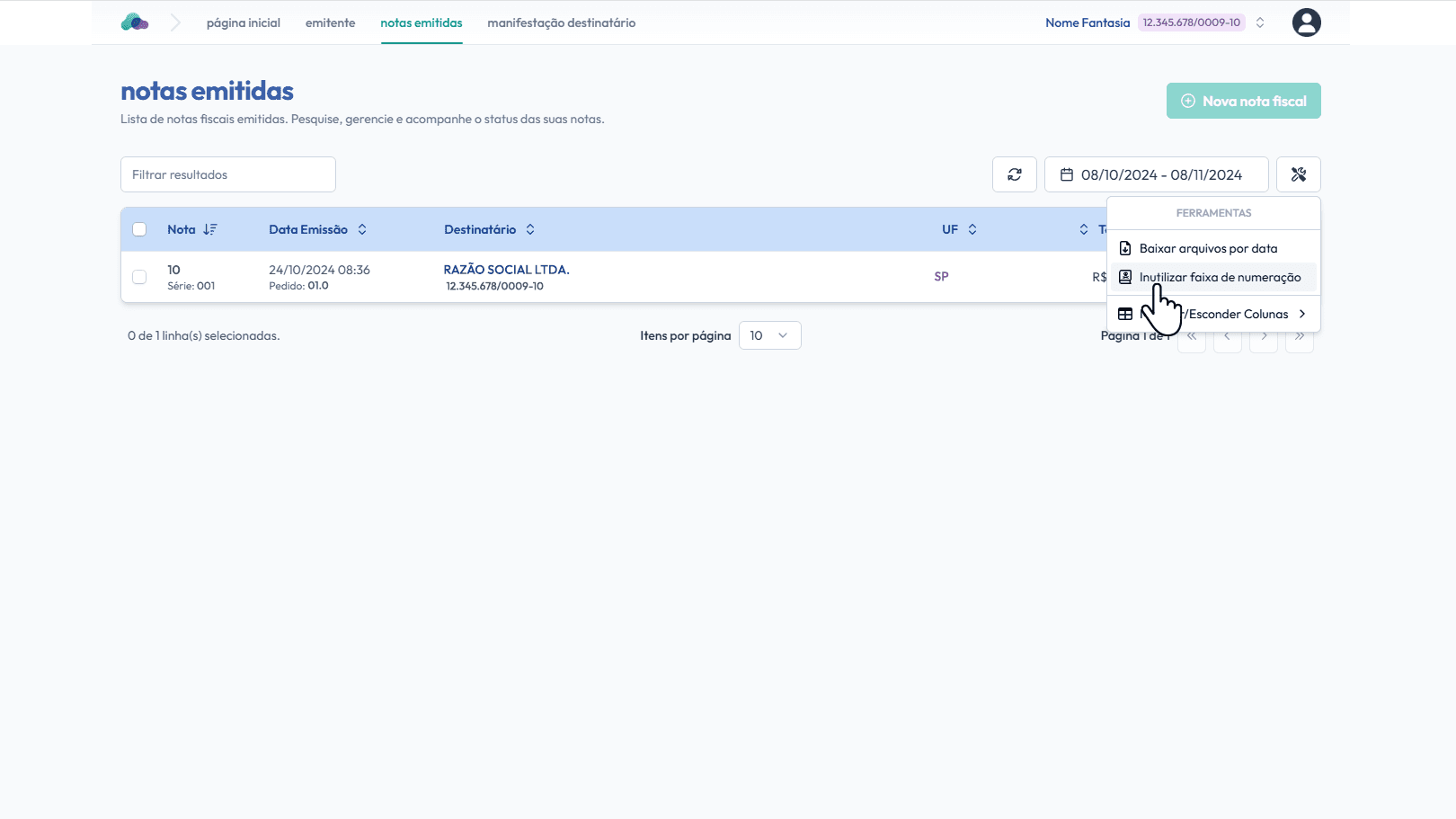 Clique em: Inutilizar faixa de numeração