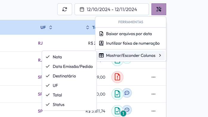 Clique em: Mostrar/Ocultar Colunas.