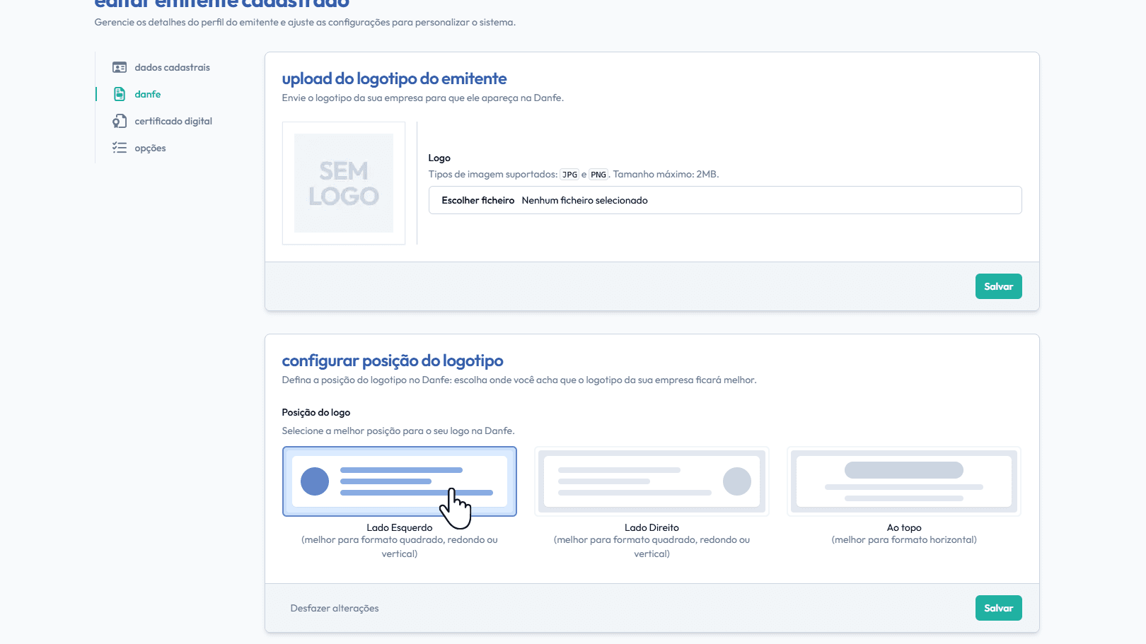 Escolha a posição do logo