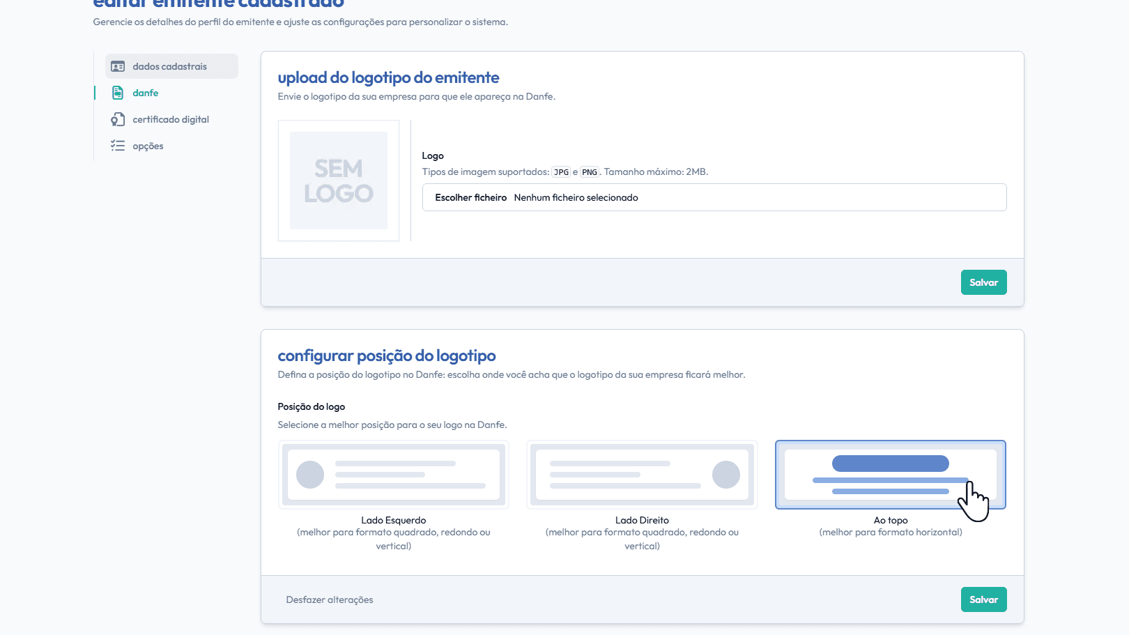 Escolha a posição do logo