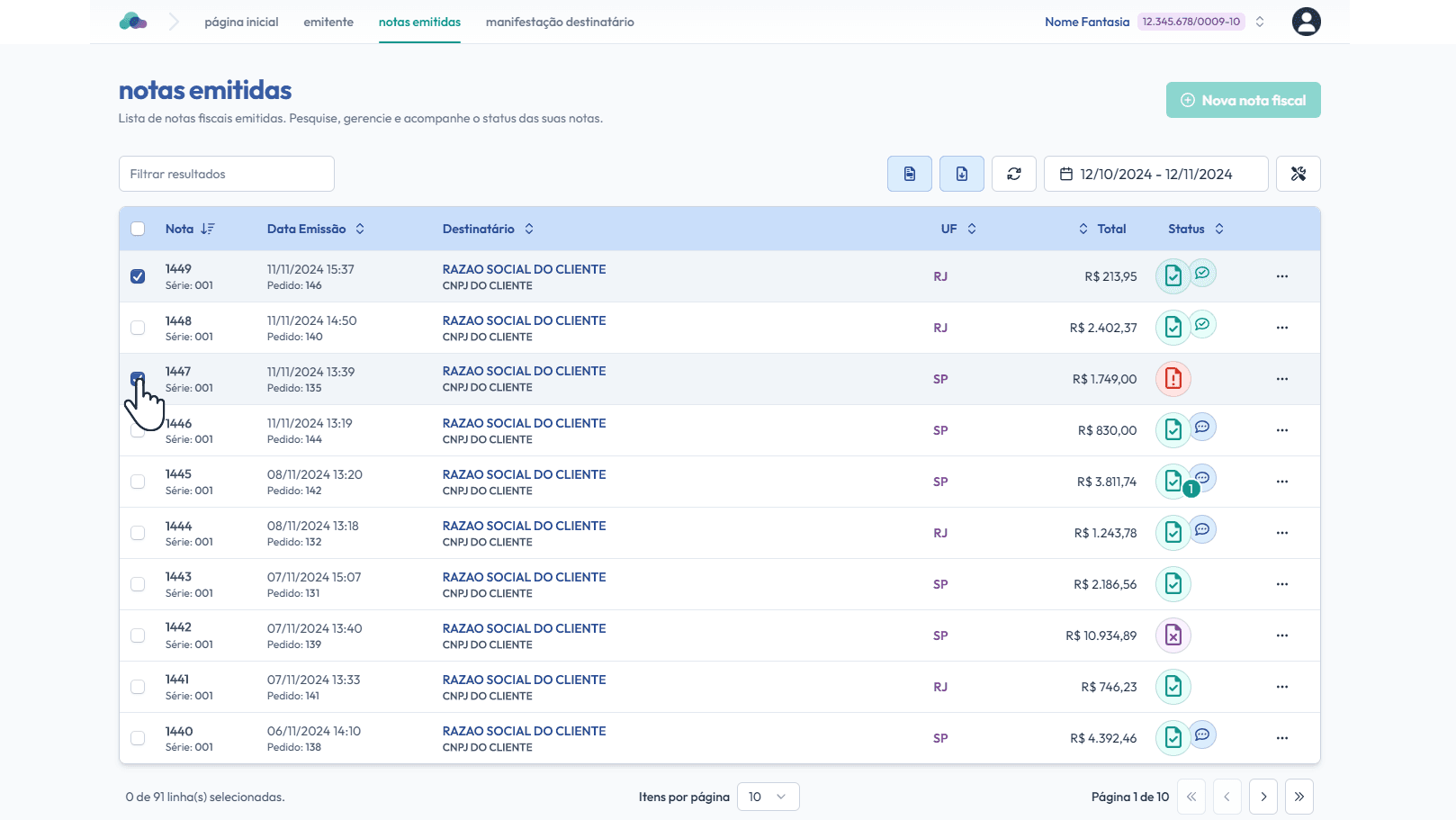 Selecione as notas desejadas