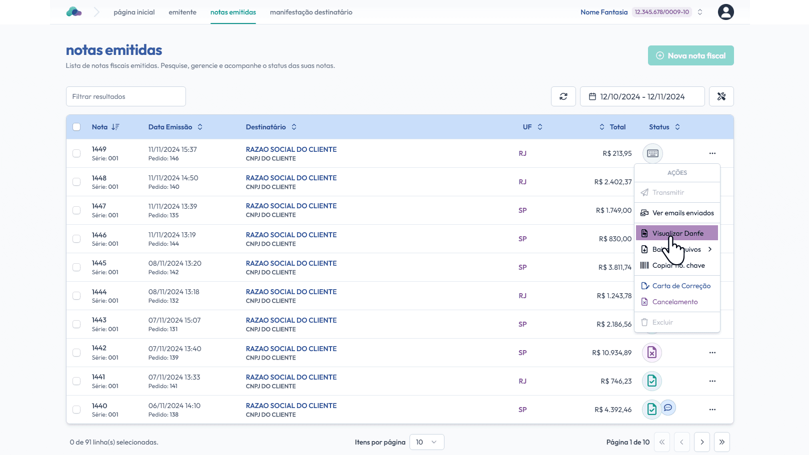 Selecione: Visualizar Danfe