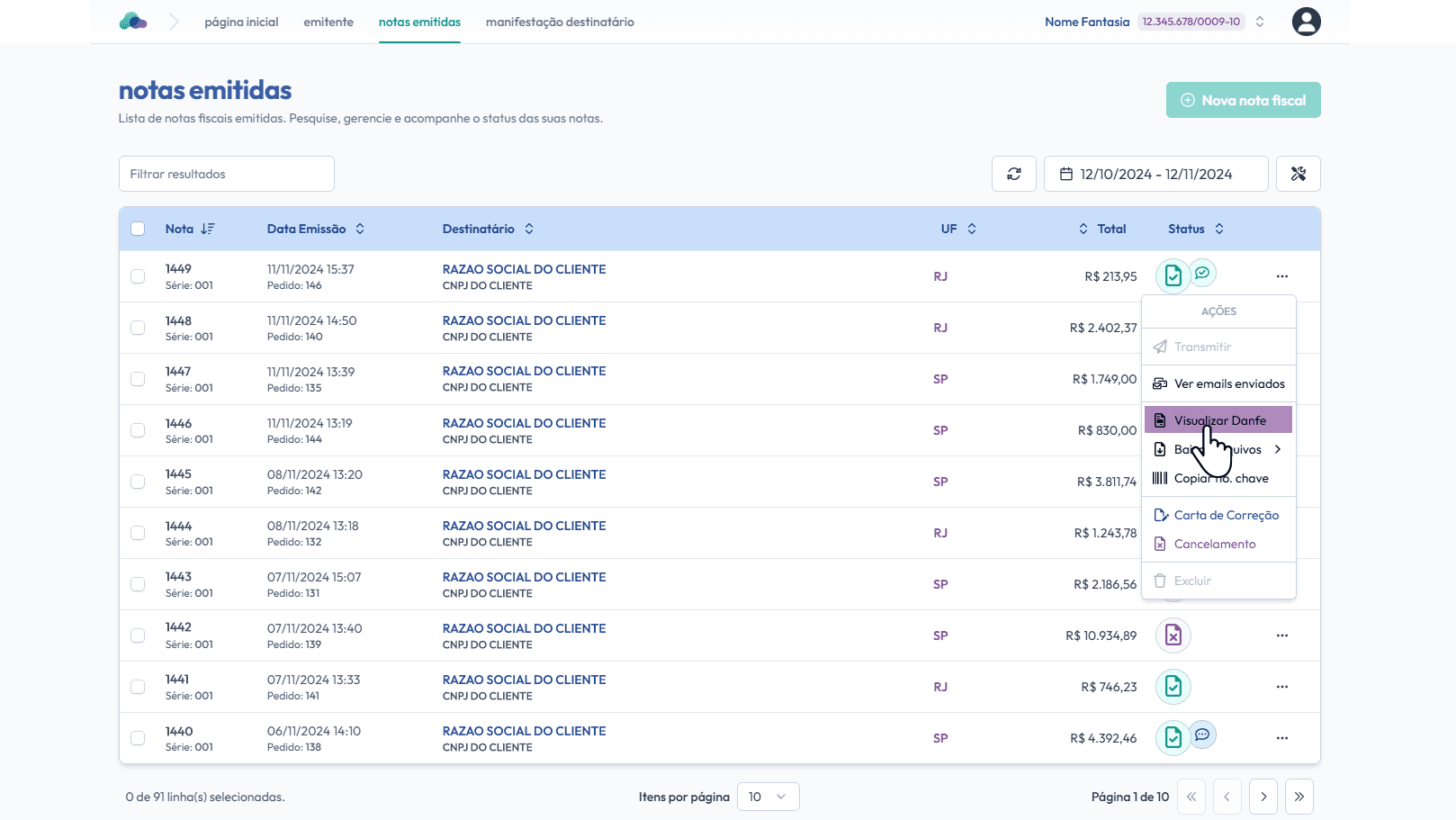 Selecione: Visualizar Danfe